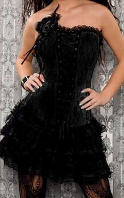 Black Criss-Cross Front Corset With Black Lace Skirt and Lace Trimming